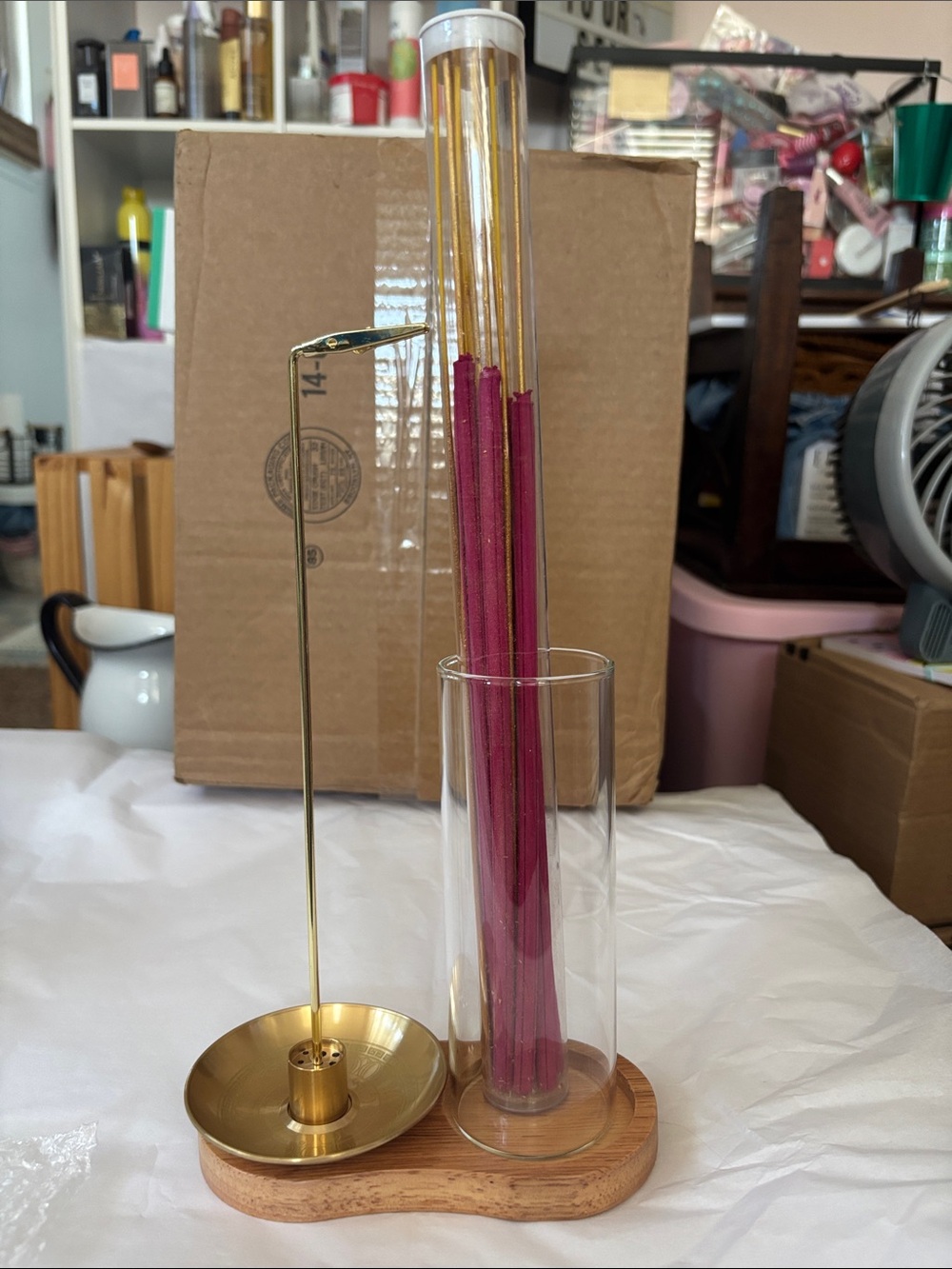 Gold and Pink Incense Holder Set with Wooden Base